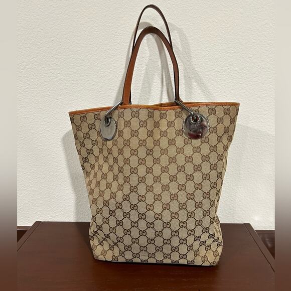 Gucci Vintage Tote Classic Beige GG Logo Canvas Orange Leather Trim Medium Size - Picture 1 of 15
